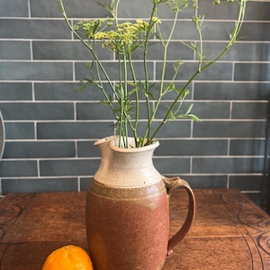 May include: A rustic, handmade ceramic pitcher with a handle, featuring a two-tone design of brown and cream. The pitcher holds green stems with small yellow flowers. An orange fruit sits beside the pitcher on a wooden surface.