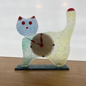 Vintage Murano Fused Glass Cat Clock, Whimsical Millefiori Bullicante Art Glass Desk Clock, Colorful Cat Lover Gift, Mid Century Modern