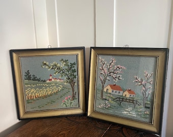 Vintage Framed Needlepoint Wall Art Pair - Cottagecore Country Landscapes, Set of 2