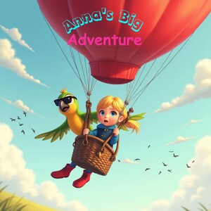 Könnte beinhalten: Ein Mädchen und ein Papagei fahren in einem Heißluftballon. Der Ballon ist rot und hat die Aufschrift "Anna's Big Adventure". Das Mädchen trägt eine blaue Jacke und hat blonde Haare. Der Papagei ist grün und trägt eine Sonnenbrille.