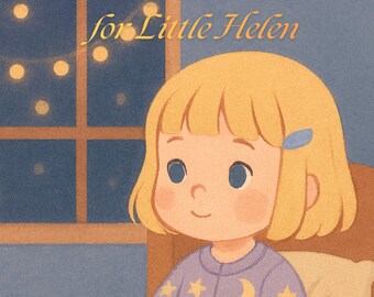 May include: Illustration of a young child with blonde hair wearing a purple pajama top with moon and star designs. The text "New Year, New Starts for Little Helen" is written in gold script above the child's head. The background shows a window with string lights.