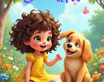 May include: A young girl with curly brown hair and a yellow polka dot dress sits with a golden brown puppy. The girl is smiling and holding her hand up. The puppy is also smiling and looking at the girl. The background is a green grassy field with flowers.