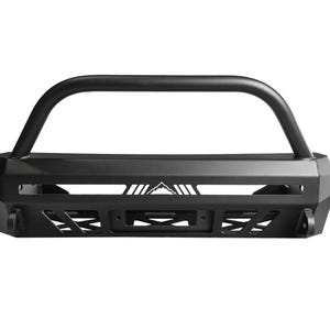 May include: A matte black steel front bumper for a vehicle, featuring a tubular bull bar, a central cutout with a mountain range graphic, and integrated lower grille vents with geometric patterns and two side tow hook mounting points.