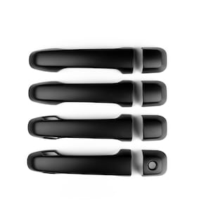 May include: Four black car door handles, presented vertically against a white backdrop. Each handle has a smooth, matte finish and a distinct shape, with a separate section for the keyhole.