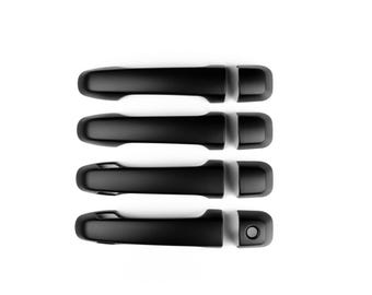 May include: Four black car door handles arranged vertically against a white background. Each handle has a smooth, matte finish and a distinct shape, with a separate piece for the keyhole.