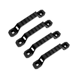 May include: Four black metal mounting brackets with a ridged design. Each bracket has a square hole at each end and a rectangular hole in the middle. The brackets are angled and appear to be new.