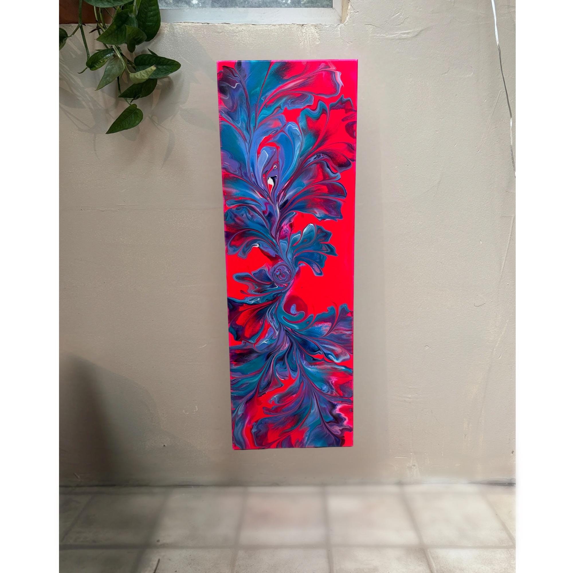 抽象アクリル画：ネオンピンク、ブルー、パープルの渦巻き（10インチ