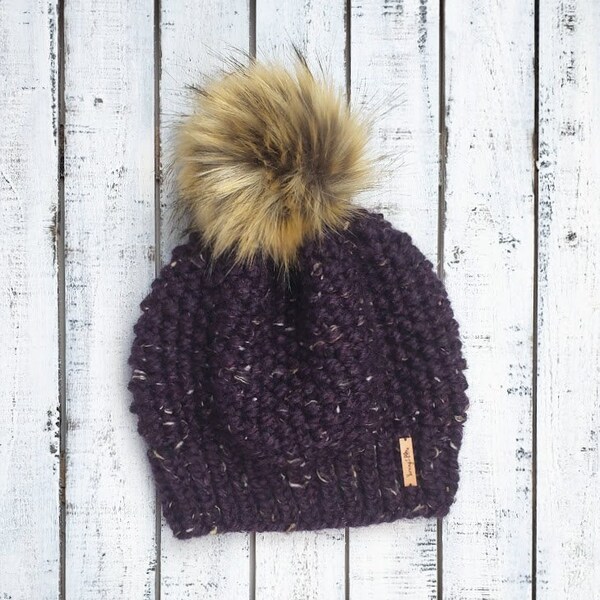 Raisin tweed super chunky wool blend Felicity faux fur pom hat - READY TO SHIP