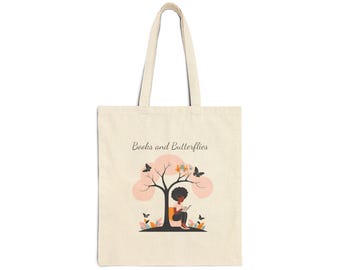 Bolsa de tela con mariposas y libros: chica negra amante de los libros, lona reutilizable