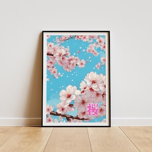 Póster de arte de flores de cerezo, decoración de la temporada de primavera, impresión de póster, arte de pared vibrante, póster de kanji japonés, póster de viaje, decoración de pared japonesa