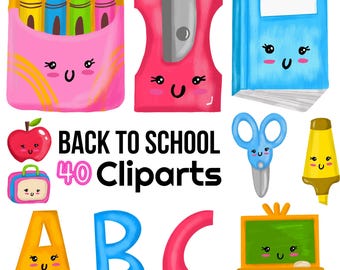 School Clipart Set, School Supplies Clipart Set, PNG Files, Crayons, Pencils, Cute School Supplies Clipart, Back to School Sublimation Files