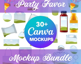 May include: A digital graphic featuring various party favor mockups, including bottles, bags, and packaging. The image includes the text "Party Favor" and "Mockup Bundle," along with a central circle that reads "30+ Canva Mockups."