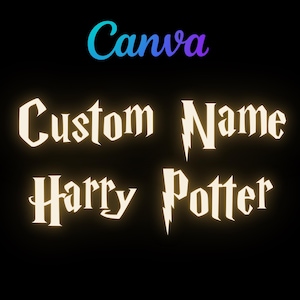 May include: Black background with the text "Canva" in blue and purple gradient. Below, the words "Custom Name" and "Harry Potter" are displayed in a glowing, stylized font, with a lightning bolt graphic.