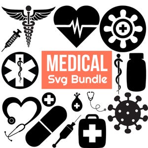 Ensemble d&#39;icônes médicales SVG médecin infirmière hôpital Silhouette stéthoscope équipement de médecine fichier Cricut usage commercial téléchargement immédiat