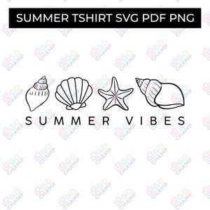 Könnte beinhalten: Schwarz-weiße Illustration von Muscheln und einem Seestern mit den Worten "SUMMER VIBES" darunter. Der Text "SUMMER TSHIRT SVG PDF PNG" befindet sich oben im Bild.