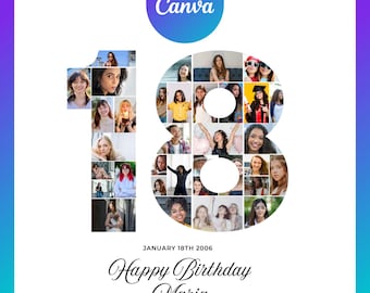 18th Birthday Photo Collage, 18th Birthday Gift, Birthday Number 18 Printable, 18th Photo Collage Template, Editable 18th Birthday, Canva