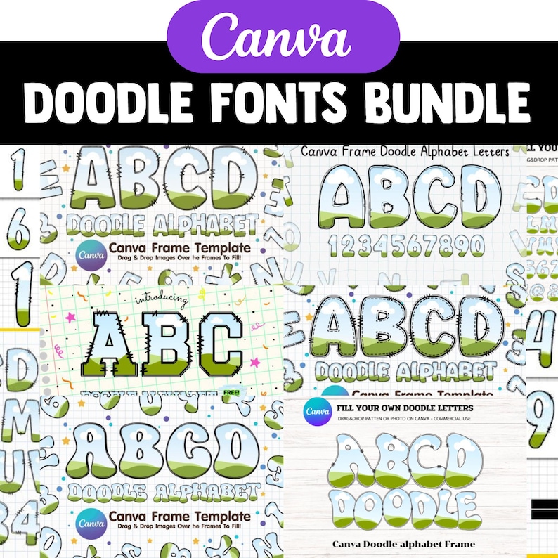 Op de afbeelding: Een digitale afbeelding met een Canva Doodle Fonts Bundle. De afbeelding toont verschillende doodle alfabetontwerpen, inclusief letters en cijfers, met een groen-wit kleurenschema. Tekst bevat "Canva" en "Doodle Fonts Bundle".