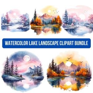 23 Seelandschaft Clipart, See Sonnenaufgang, druckbare Aquarell Clipart, hochwertige PNGs, digitaler Download, hohe Auflösung, Papiermodell