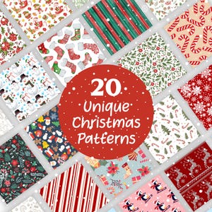 Puede incluir: Una colección de 20 patrones navideños únicos. Los patrones incluyen imágenes de muñecos de nieve, bastones de caramelo, calcetines navideños, copos de nieve y renos. Los patrones son de varios colores, incluyendo rojo, verde, blanco y azul.