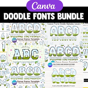 Op de afbeelding: Een digitale kunstbundel met doodle-lettertypen. De afbeelding toont verschillende lettertypestijlen, waaronder bubbelletters en -cijfers, met groene en witte accenten. De tekst bevat "Canva" en "Doodle Fonts Bundle."