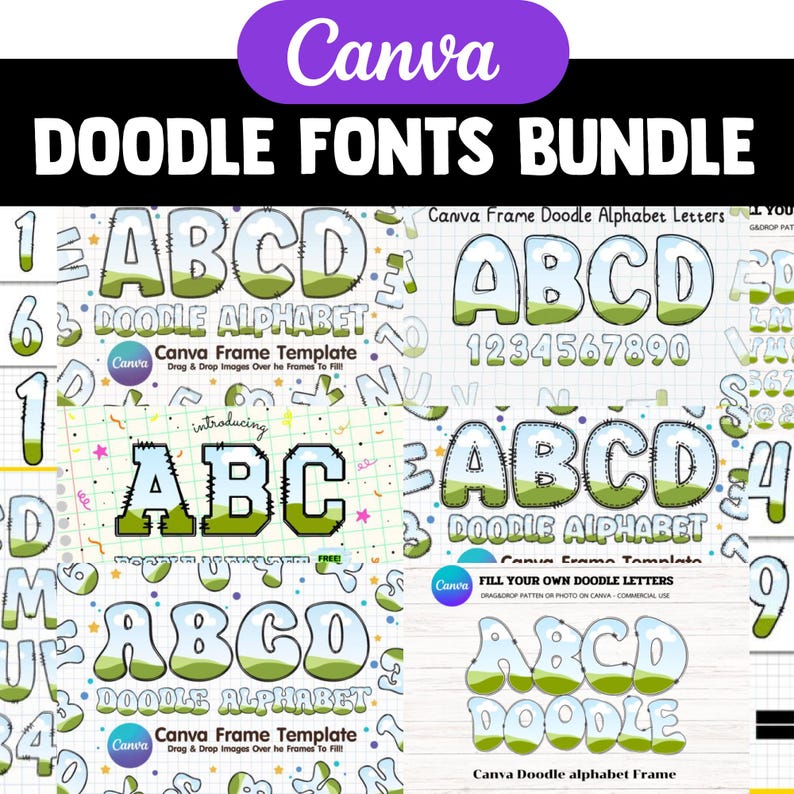 Op de afbeelding: Een digitale kunstbundel met doodle-lettertypen. De afbeelding toont verschillende lettertypestijlen, waaronder bubbelletters en -cijfers, met groene en witte accenten. De tekst bevat "Canva" en "Doodle Fonts Bundle."