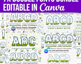 7x Canva Frame Doodle Bundle Alphabet UPPERCASE and Numbers, Editable Canva Letters template Custom Fill Pattern Digital Downloads