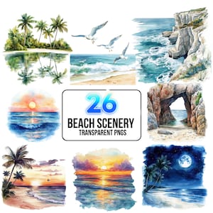 Beach Scenery Clipart PNG, Beach, Sand and Palm Trees Clipart, Watercolor Summer Holidays Clipart, Card making, Beautiful Beach Scenery