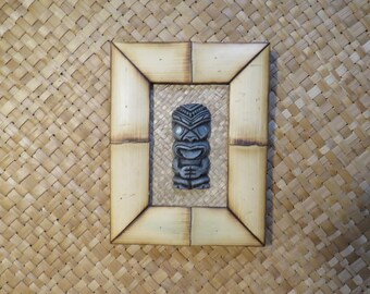 Framed Tiki Bar Wall Art-Maori style tiki carving- New Zealand tiki statue in bamboo frame hand made- 7 x 9" Matson cruise line sculpture