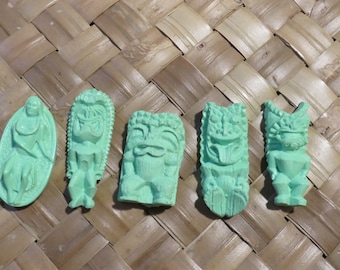 Tiki Pendants Lot# 40 Set of 5 Classic vintage Hawaiian recast Tiki Pieces - Use these unfinished tikis for your DIY craft projects