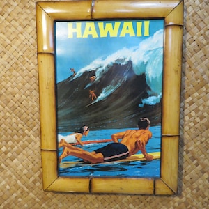 Framed Tiki Bar Wall Art-Vintage Repro Art Deco Surf Print-Hand made bamboo frame-Hawaiian Luau Tiki Polynesian Hula Tapa Surfing hang ten