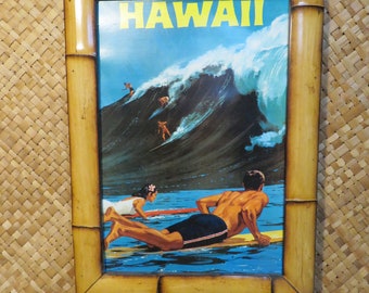 Framed Tiki Bar Wall Art-Vintage Repro Art Deco Surf Print-Hand made bamboo frame-Hawaiian Luau Tiki Polynesian Hula Tapa Surfing hang ten