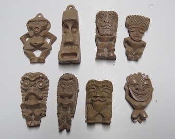 Tiki Pendants Lot# 15-Set of 8 Classic vintage Hawaiian recast mini Tiki Pieces  Use these unfinished tikis for your DIY craft projects