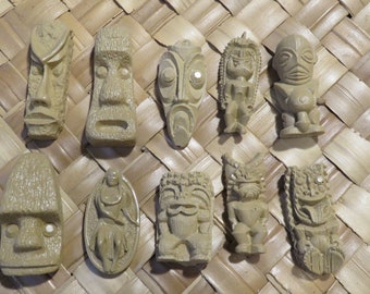 Tiki Pendants Lot# 2-Set of 10 Classic vintage Hawaiian recast Tiki Pieces - Use these unfinished tikis for your DIY craft projects