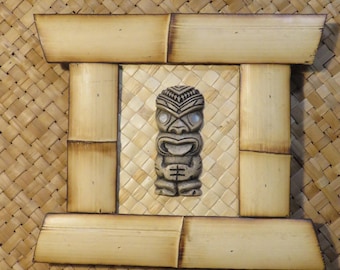 Framed Tiki Bar Wall Art-Maori style tiki carving- New Zealand tiki statue in bamboo frame hand made- 8 3/4x10" Matson cruise line sculpture