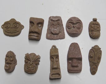Tiki Pendants Lot# 11-Set of 10 Classic vintage Hawaiian recast Tiki Pieces  Use these unfinished tikis for your DIY craft projects
