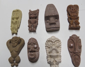 Tiki Pendants Lot# 20-Set of 8 Classic vintage Hawaiian recast mini Tiki Pieces  Use these unfinished tikis for your DIY craft projects