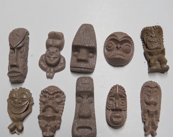 Tiki Pendants Lot# 18-Set of 10 Classic vintage Hawaiian recast mini Tiki Pieces  Use these unfinished tikis for your DIY craft projects