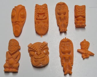 Tiki Pendants Lot# 37 Set of 8 Classic vintage Hawaiian recast Tiki Pieces - Use these unfinished tikis for your DIY craft projects