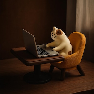 May include: A whimsical figurine of a cat seated in a yellow chair, working on a laptop. The cat is cream-colored with brown spots and a matching ear. The laptop sits on a small, dark wooden table.