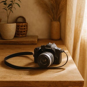 Puede incluir: Una cámara negra con lente y correa negra descansa sobre una superficie de madera. La palabra "Camera" está impresa en la parte superior de la cámara. El fondo incluye una planta en maceta, una cesta tejida y un jarrón.