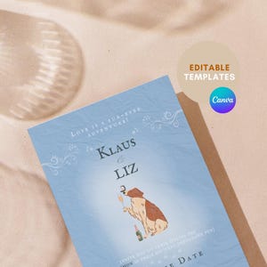Pet Lover Wedding Invitation, Hochzeitseinladung Karte, Dusty Blue Dog, Save the Date, Editable Canva Template, Digital Download, Printable