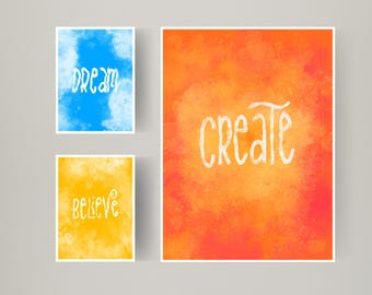 Dream Believe Create Art Poster Set, Minimalist Handwriting (PDF, PNG, PSD)