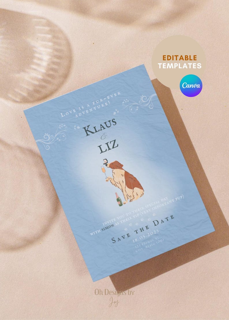 Pet Lover Wedding Invitation, Hochzeitseinladung Karte, Dusty Blue Dog, Save the Date, Editable Canva Template, Digital Download, Printable