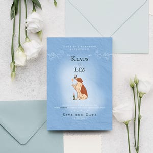 Pet Lover Wedding Invitation, Hochzeitseinladung, Dusty Blue Dog Portrait, Save the Date, Editable Canva Template, Digital Download, Printable