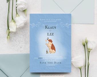 Dusty Blue Dog Wedding Invitation, Pet Lover Save the Date (Digital Download)
