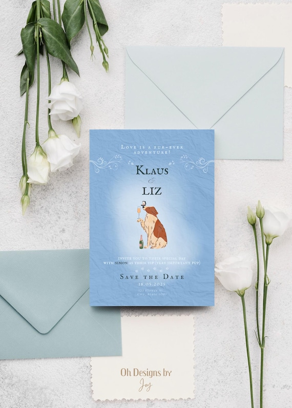 Dusty Blue Dog Wedding Invitation, Pet Lover Save the Date (Digital Download)