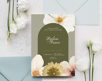 Sage Green Floral Wedding Invitation, Save the Date, Editable Canva Template (Instant Download)