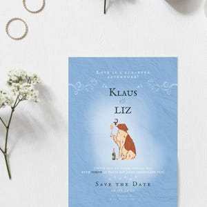Pet Lover Wedding Invitation, Hochzeitseinladung, Dusty Blue Dog Portrait, Save the Date, Editable Canva Template, Digital Download, Printable