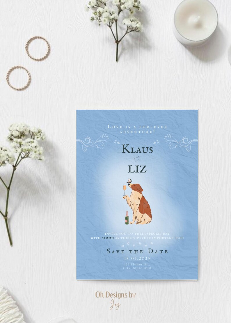 Pet Lover Wedding Invitation, Hochzeitseinladung, Dusty Blue Dog Portrait, Save the Date, Editable Canva Template, Digital Download, Printable