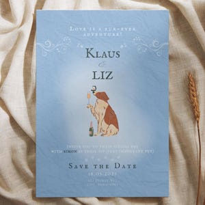 Pet Lover Wedding Invitation, Hochzeitseinladung, Dusty Blue Dog Portrait, Save the Date, Editable Canva Template, Digital Download, Printable